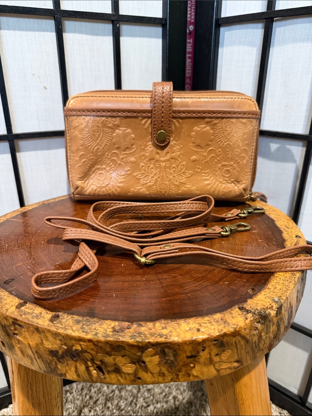 The Sak Tan Embossed Leather Crossbody /Clutch NEW Scratches